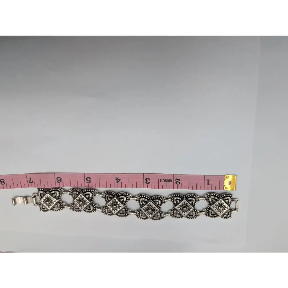Brighton Ornate Silver Tone Link Bracelet Tribal Bohemian Style Box Clasp 7 Inch